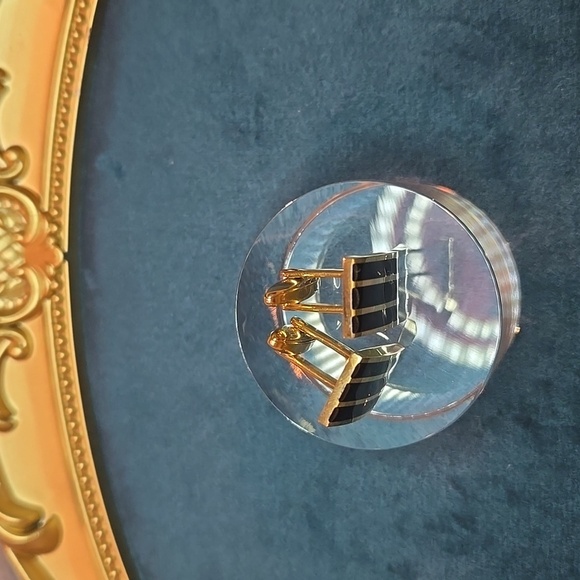 Gold and Black Striped Stainless Steel Cufflinks Brand New - Picture 5 of 10